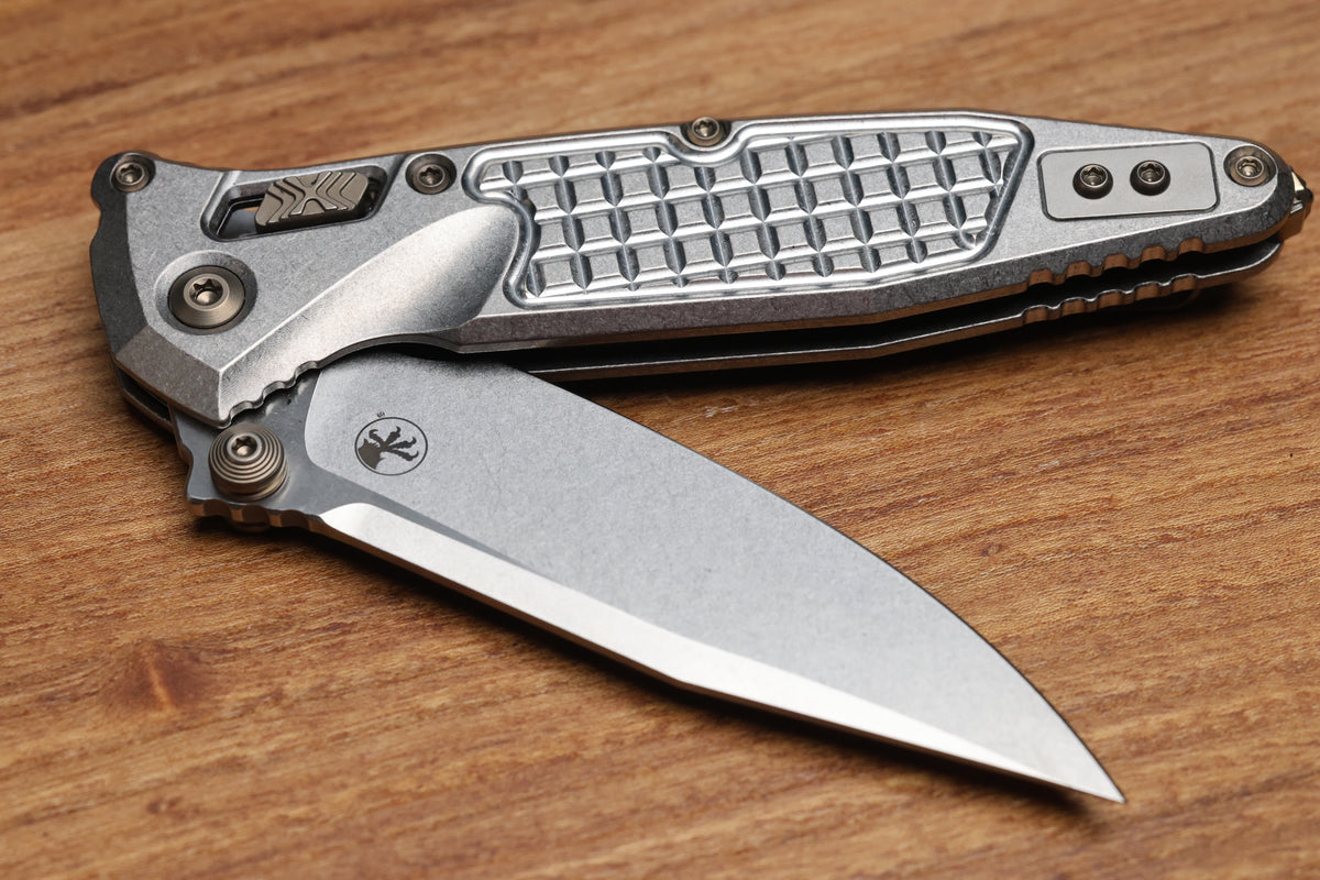 MICROTECH MARFIONE SELECT SOCOM RAM-LOK TITANIUM FRAG HANDLES W/ FLAMED ACCENTS & STONEWASH M390MK 160RL-10FRMS5