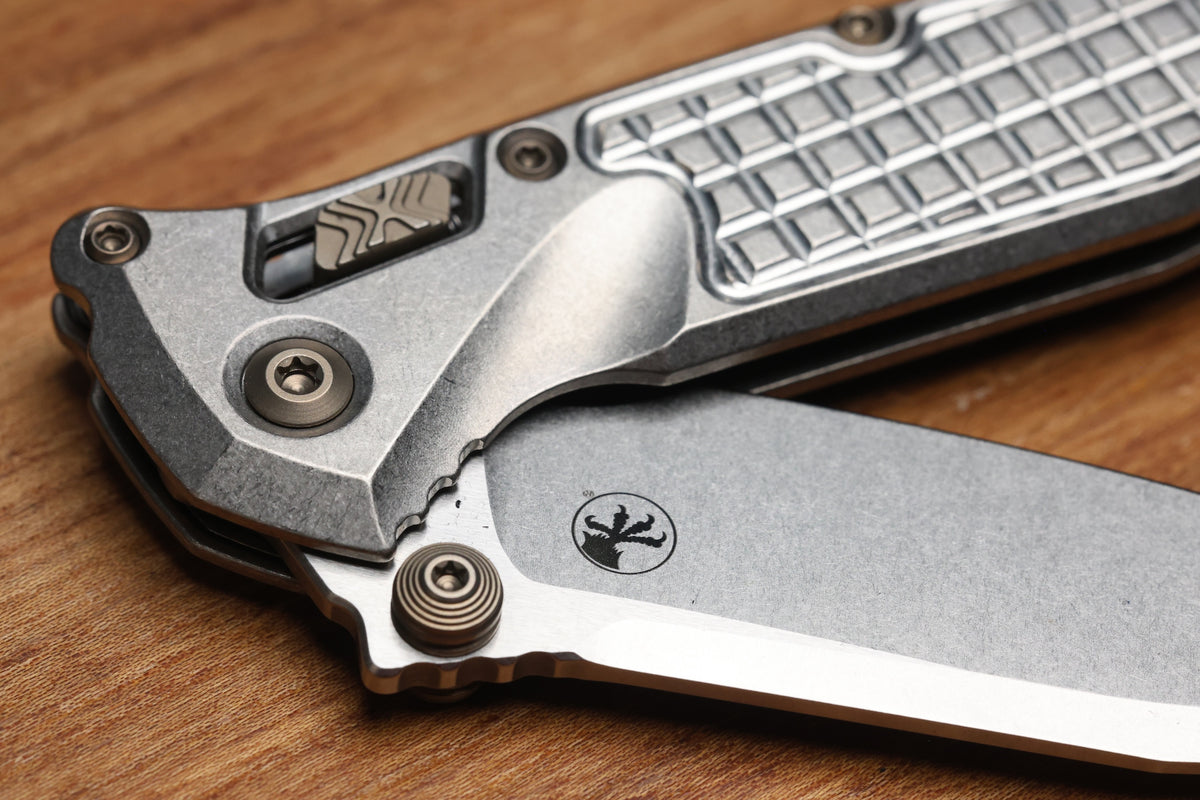 MICROTECH MARFIONE SELECT SOCOM RAM-LOK TITANIUM FRAG HANDLES W/ FLAMED ACCENTS & STONEWASH M390MK 160RL-10FRMS5