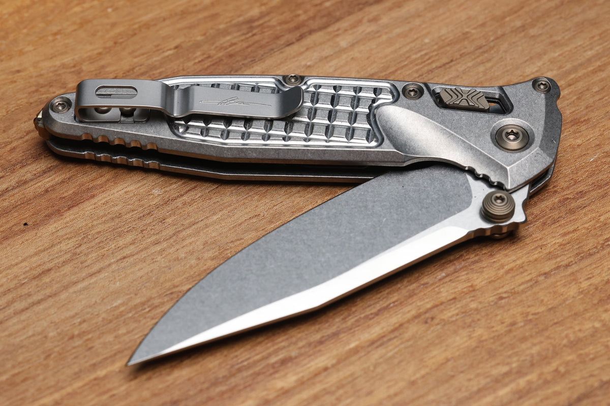 MICROTECH MARFIONE SELECT SOCOM RAM-LOK TITANIUM FRAG HANDLES W/ FLAMED ACCENTS & STONEWASH M390MK 160RL-10FRMS5
