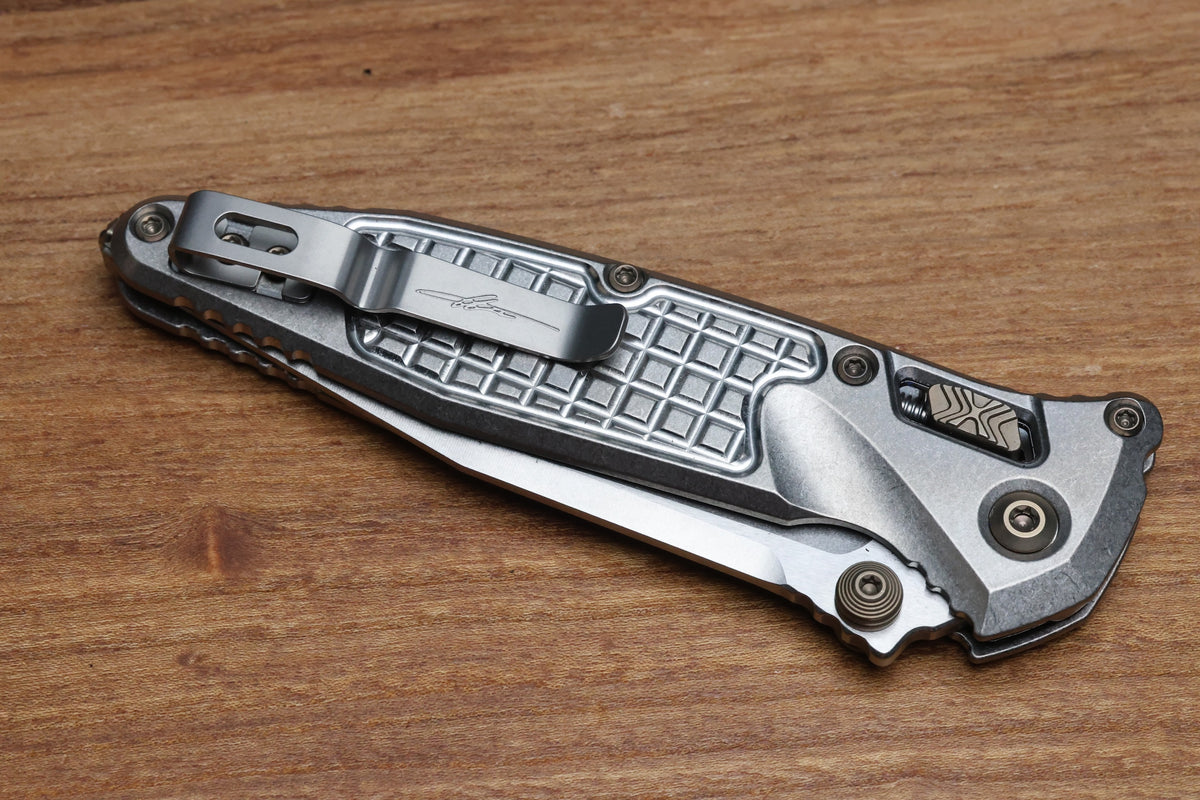MICROTECH MARFIONE SELECT SOCOM RAM-LOK TITANIUM FRAG HANDLES W/ FLAMED ACCENTS & STONEWASH M390MK 160RL-10FRMS5