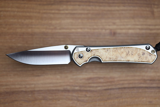 CHRIS REEVE LARGE SEBENZA BOX ELDER POLISHED DROP POINT MAGNACUT BLADE (PREOWNED)