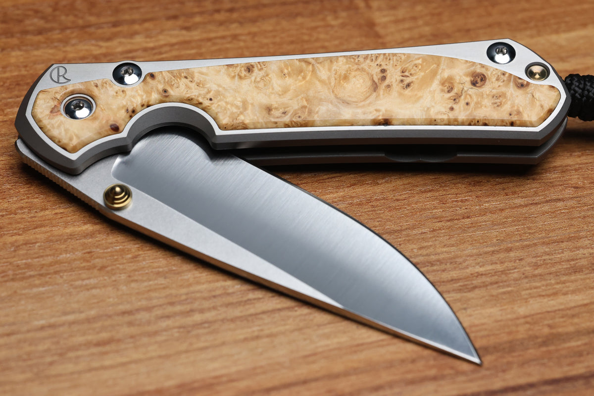 CHRIS REEVE LARGE SEBENZA BOX ELDER POLISHED DROP POINT MAGNACUT BLADE (PREOWNED)