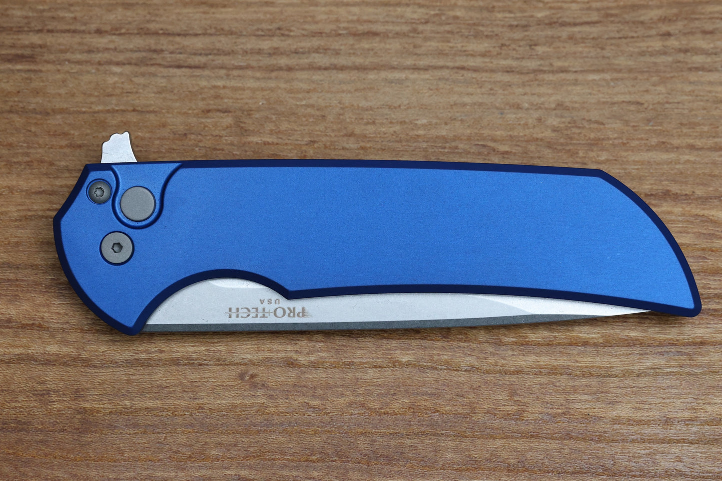 PRO-TECH MORDAX BUTTON LOCK KNIFE BLUE ALUMINUM- 3.5" STONEWASH S45VN