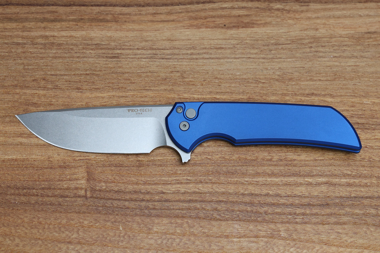 PRO-TECH MORDAX BUTTON LOCK KNIFE BLUE ALUMINUM- 3.5" STONEWASH S45VN