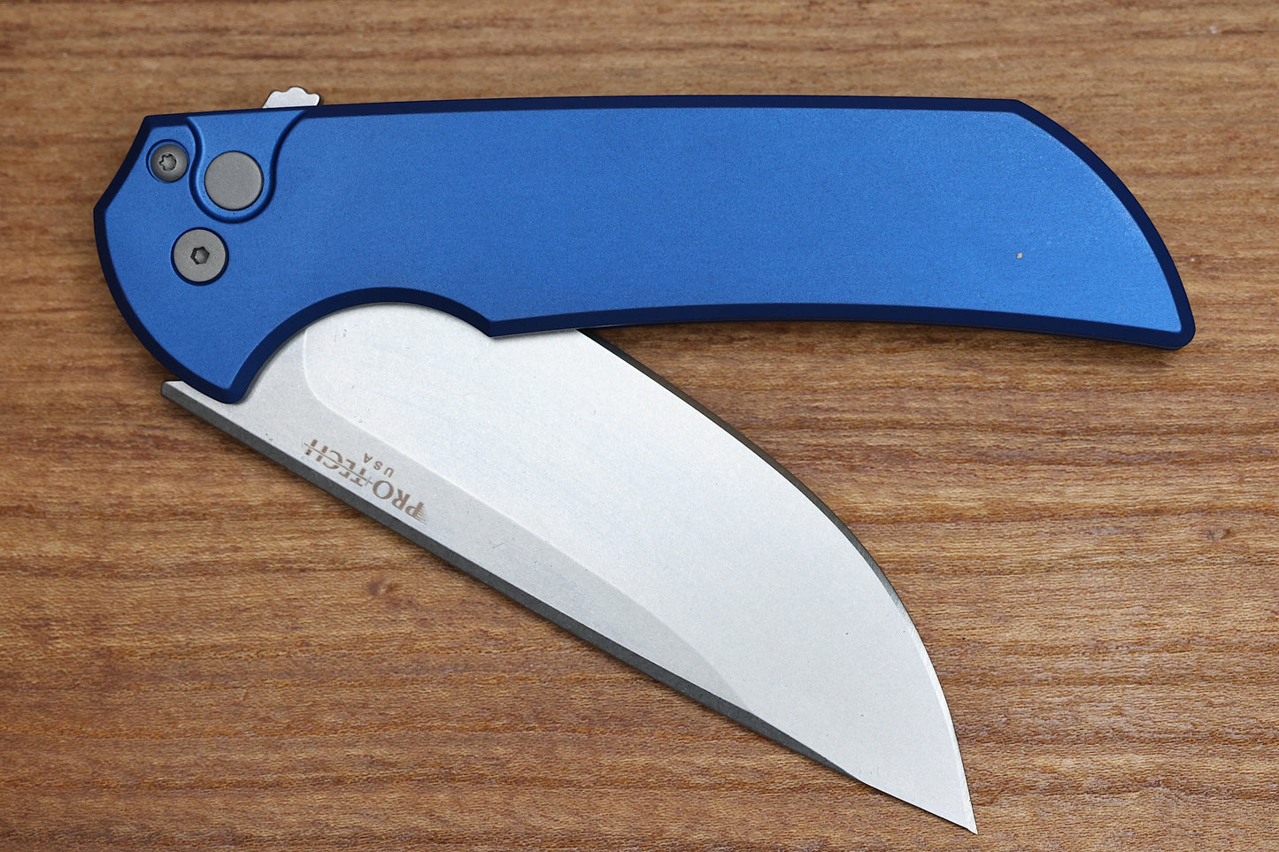 PRO-TECH MORDAX BUTTON LOCK KNIFE BLUE ALUMINUM- 3.5" STONEWASH S45VN