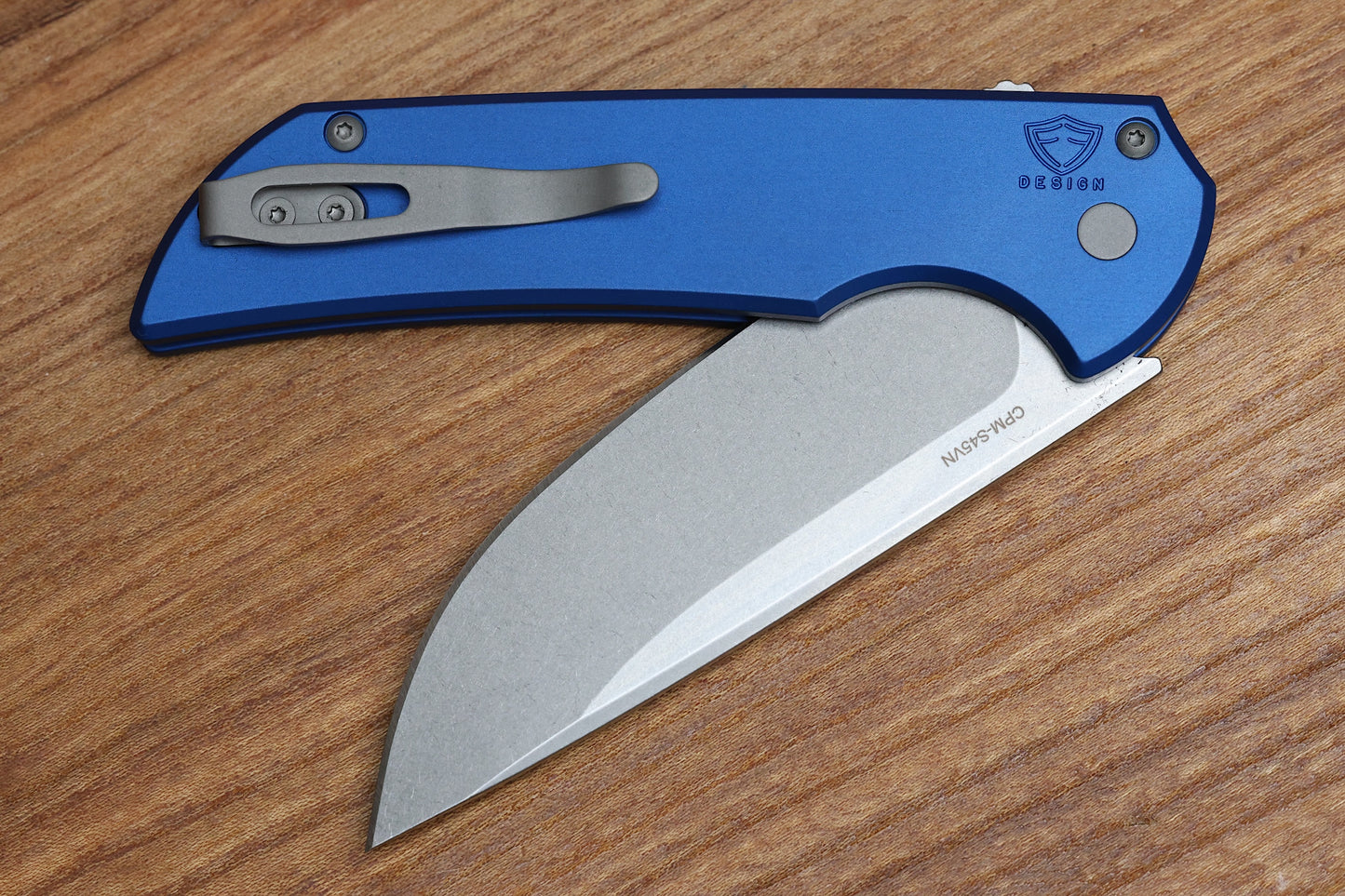 PRO-TECH MORDAX BUTTON LOCK KNIFE BLUE ALUMINUM- 3.5" STONEWASH S45VN