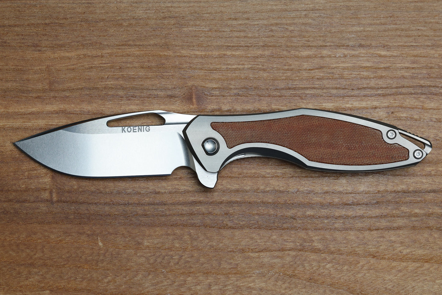 KOENIG KNIVES MINI-ARIUS FLIPPER TITANIUM HANDLES W/TAN MICARTA INLAY BRIGHTWASHED M390 W/POLISHED FLATS