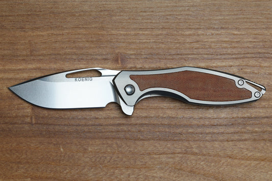 KOENIG KNIVES MINI-ARIUS FLIPPER TITANIUM HANDLES W/TAN MICARTA INLAY BRIGHTWASHED M390 W/POLISHED FLATS