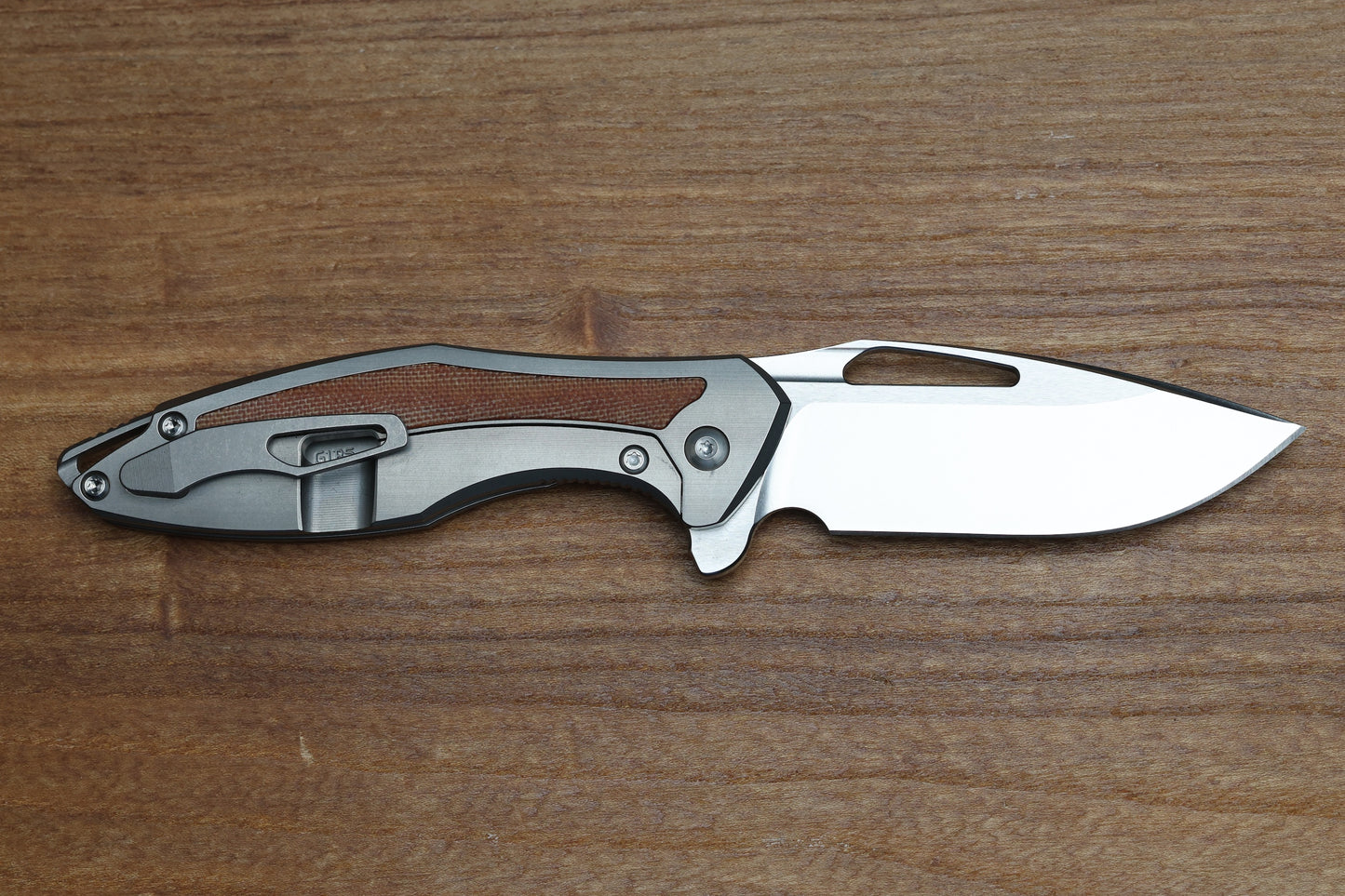 KOENIG KNIVES MINI-ARIUS FLIPPER TITANIUM HANDLES W/TAN MICARTA INLAY BRIGHTWASHED M390 W/POLISHED FLATS
