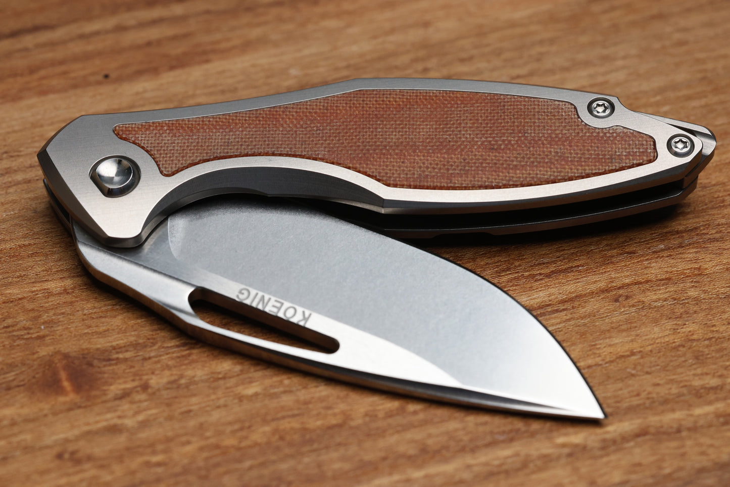 KOENIG KNIVES MINI-ARIUS FLIPPER TITANIUM HANDLES W/TAN MICARTA INLAY BRIGHTWASHED M390 W/POLISHED FLATS