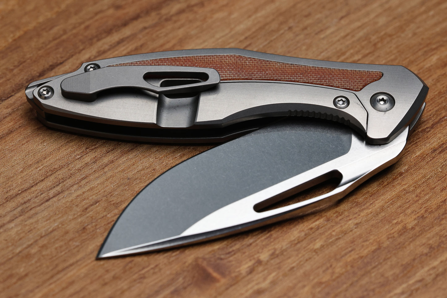 KOENIG KNIVES MINI-ARIUS FLIPPER TITANIUM HANDLES W/TAN MICARTA INLAY BRIGHTWASHED M390 W/POLISHED FLATS