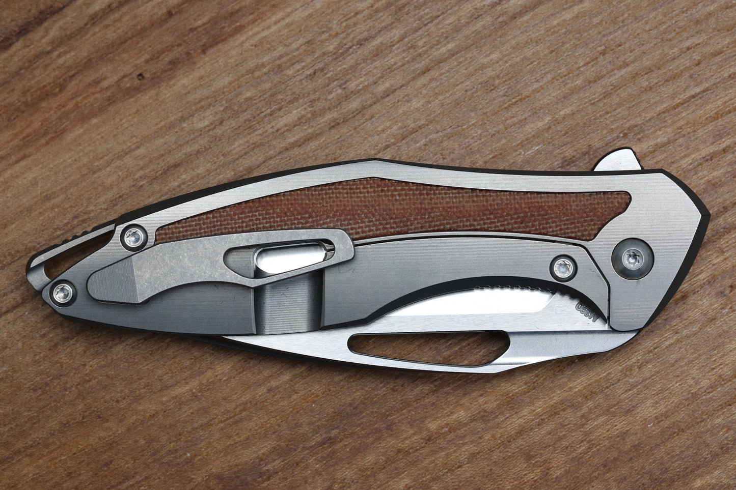 KOENIG KNIVES MINI-ARIUS FLIPPER TITANIUM HANDLES W/TAN MICARTA INLAY BRIGHTWASHED M390 W/POLISHED FLATS