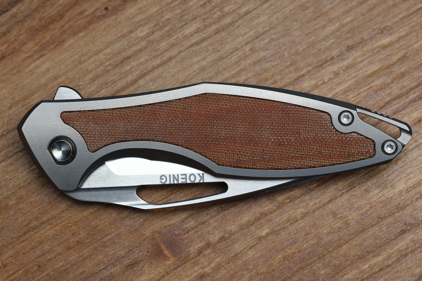 KOENIG KNIVES MINI-ARIUS FLIPPER TITANIUM HANDLES W/TAN MICARTA INLAY BRIGHTWASHED M390 W/POLISHED FLATS