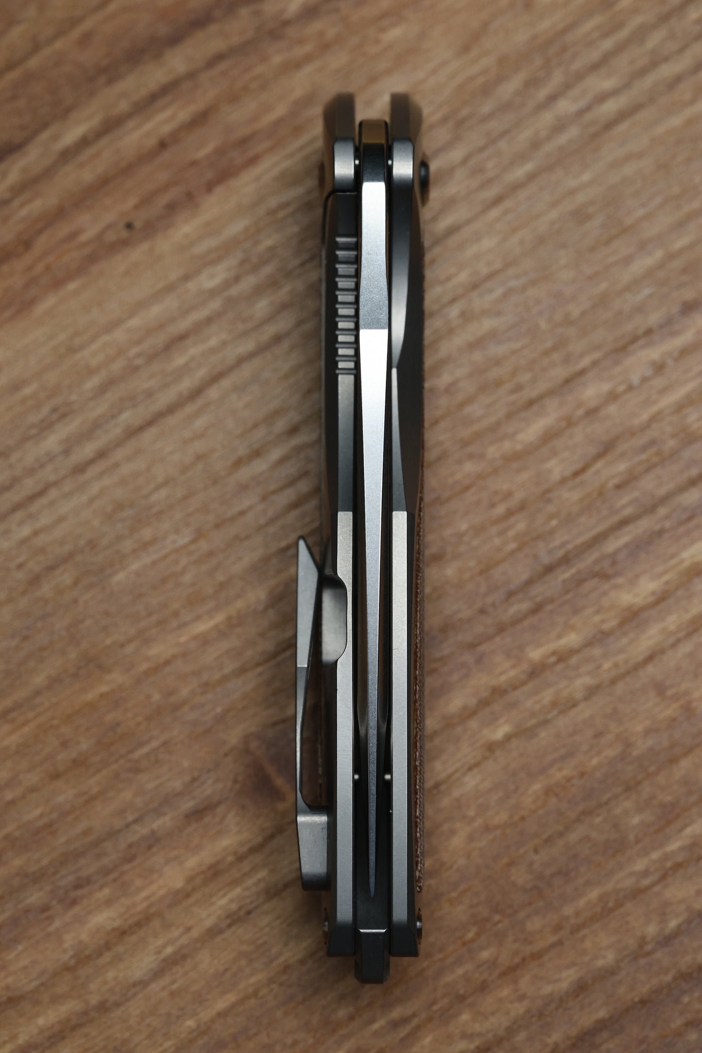 KOENIG KNIVES MINI-ARIUS FLIPPER TITANIUM HANDLES W/TAN MICARTA INLAY BRIGHTWASHED M390 W/POLISHED FLATS