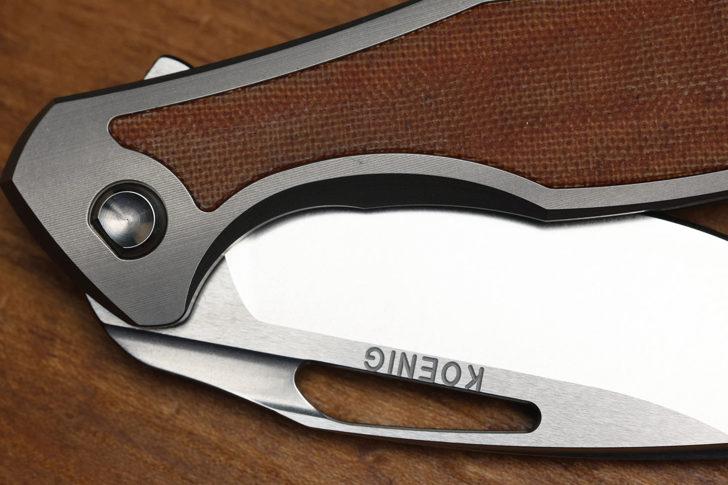 KOENIG KNIVES MINI-ARIUS FLIPPER TITANIUM HANDLES W/TAN MICARTA INLAY BRIGHTWASHED M390 W/POLISHED FLATS