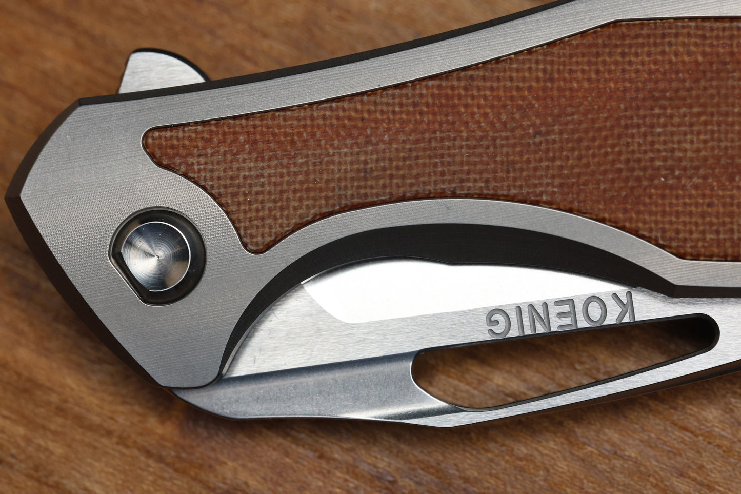 KOENIG KNIVES MINI-ARIUS FLIPPER TITANIUM HANDLES W/TAN MICARTA INLAY BRIGHTWASHED M390 W/POLISHED FLATS