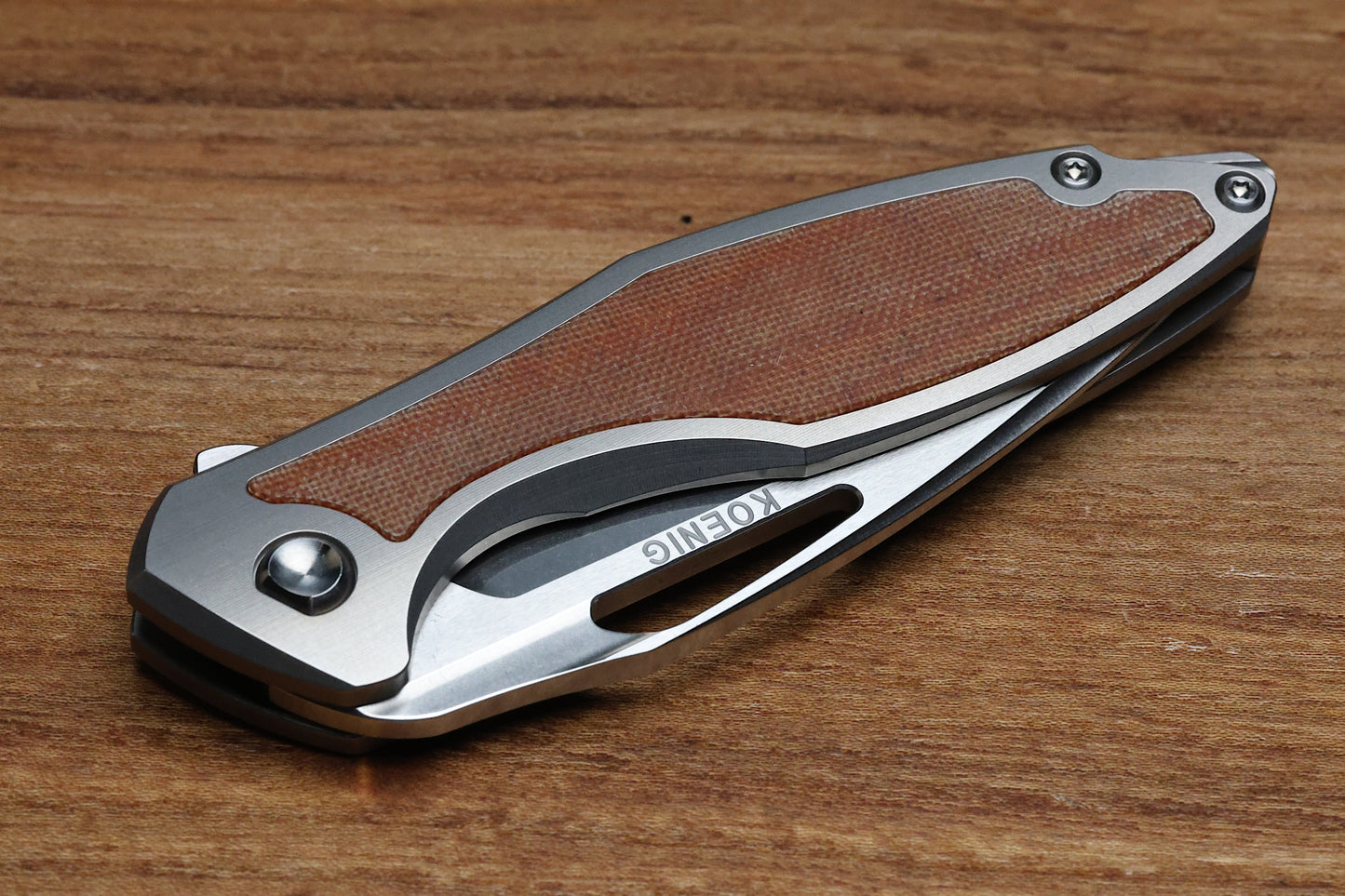 KOENIG KNIVES MINI-ARIUS FLIPPER TITANIUM HANDLES W/TAN MICARTA INLAY BRIGHTWASHED M390 W/POLISHED FLATS