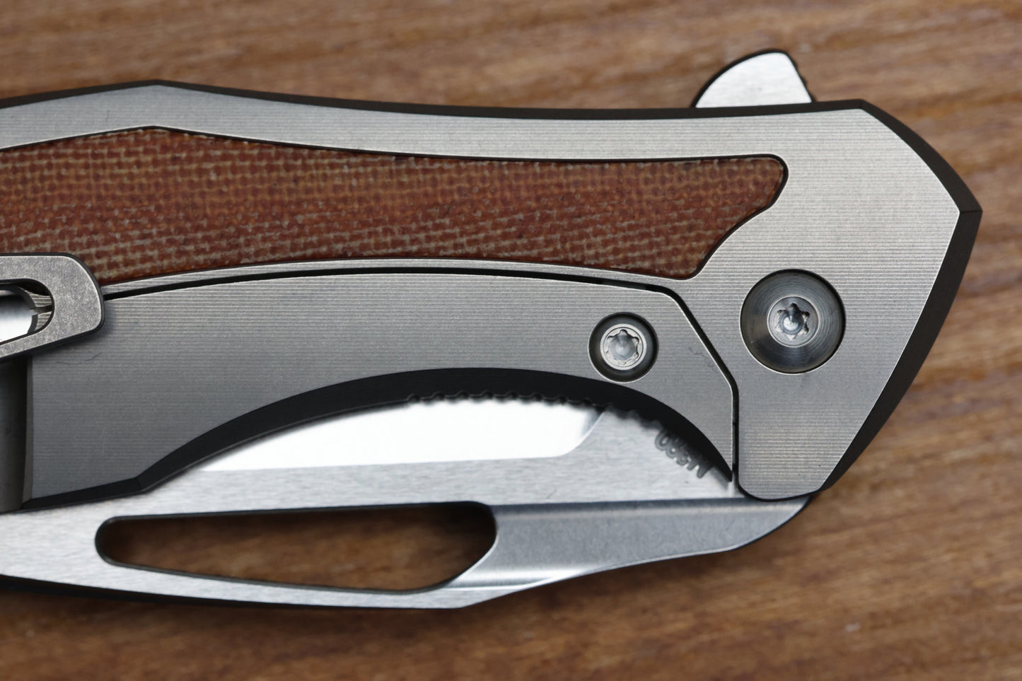 KOENIG KNIVES MINI-ARIUS FLIPPER TITANIUM HANDLES W/TAN MICARTA INLAY BRIGHTWASHED M390 W/POLISHED FLATS