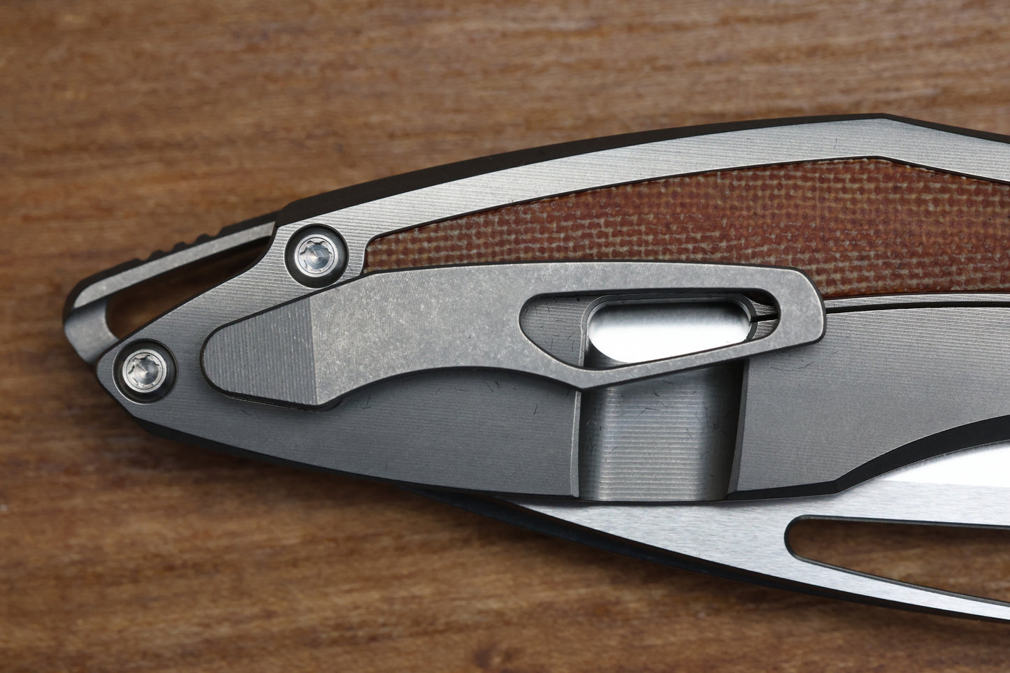 KOENIG KNIVES MINI-ARIUS FLIPPER TITANIUM HANDLES W/TAN MICARTA INLAY BRIGHTWASHED M390 W/POLISHED FLATS