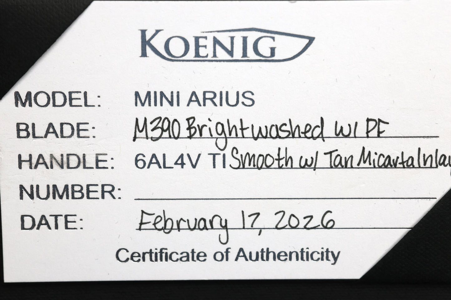 KOENIG KNIVES MINI-ARIUS FLIPPER TITANIUM HANDLES W/TAN MICARTA INLAY BRIGHTWASHED M390 W/POLISHED FLATS