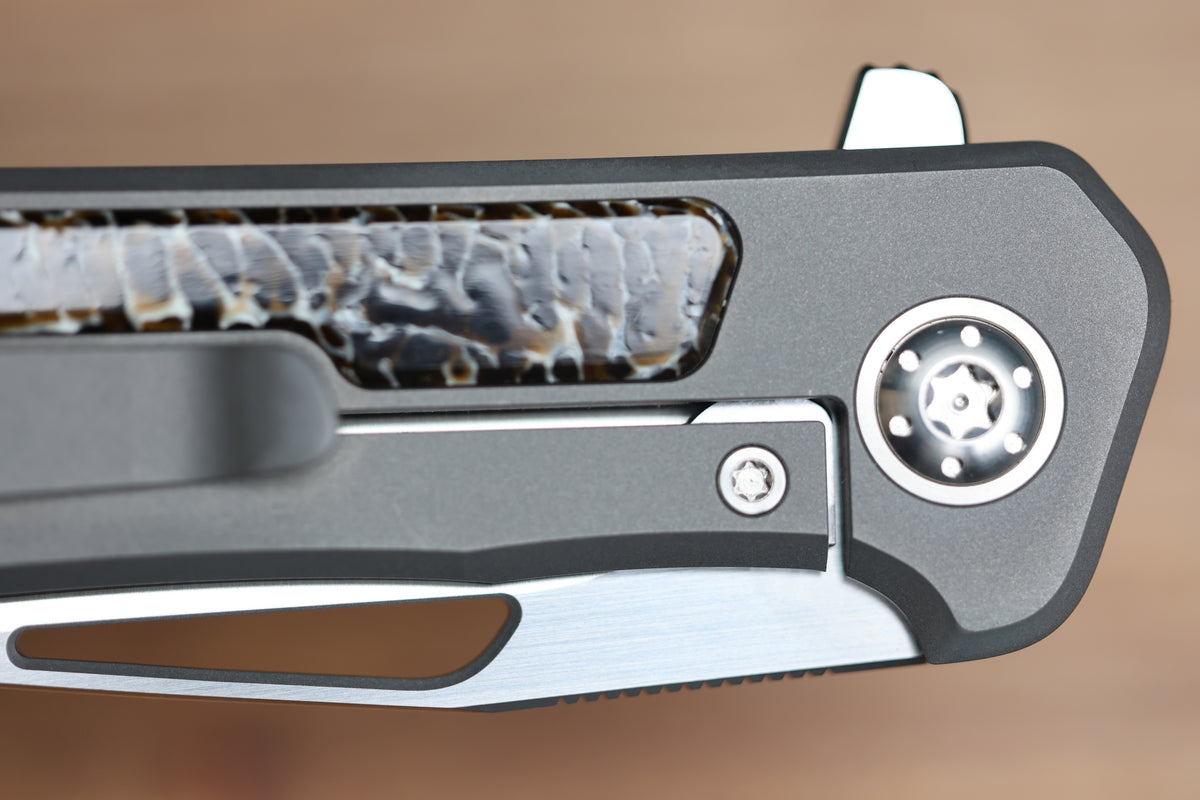 ARNO BERNARD IMAMBA FLIPPER BROWN KUDO BONE INLAY SKELETONIZED RWL34 BLADE (PREOWNED)