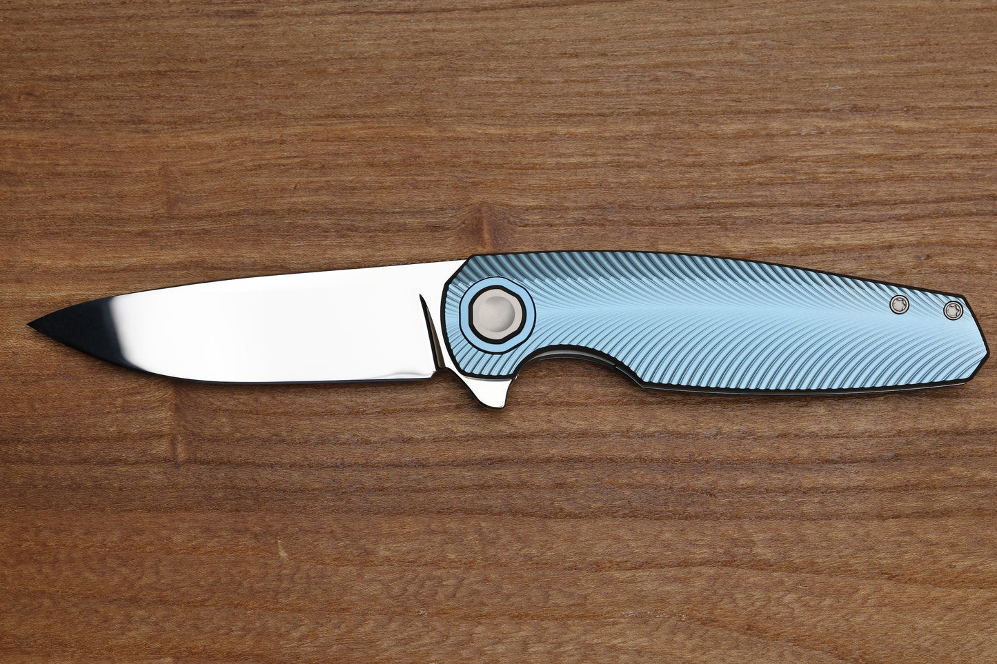 HOLT BLADEWORKS MORPHEUS FEATHER BURNISHED BLUE ANO TITANIUM NEAR MIRROR M390 BLADE MR1866