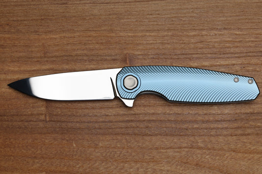 HOLT BLADEWORKS MORPHEUS FEATHER BURNISHED BLUE ANO TITANIUM NEAR MIRROR M390 BLADE MR1866
