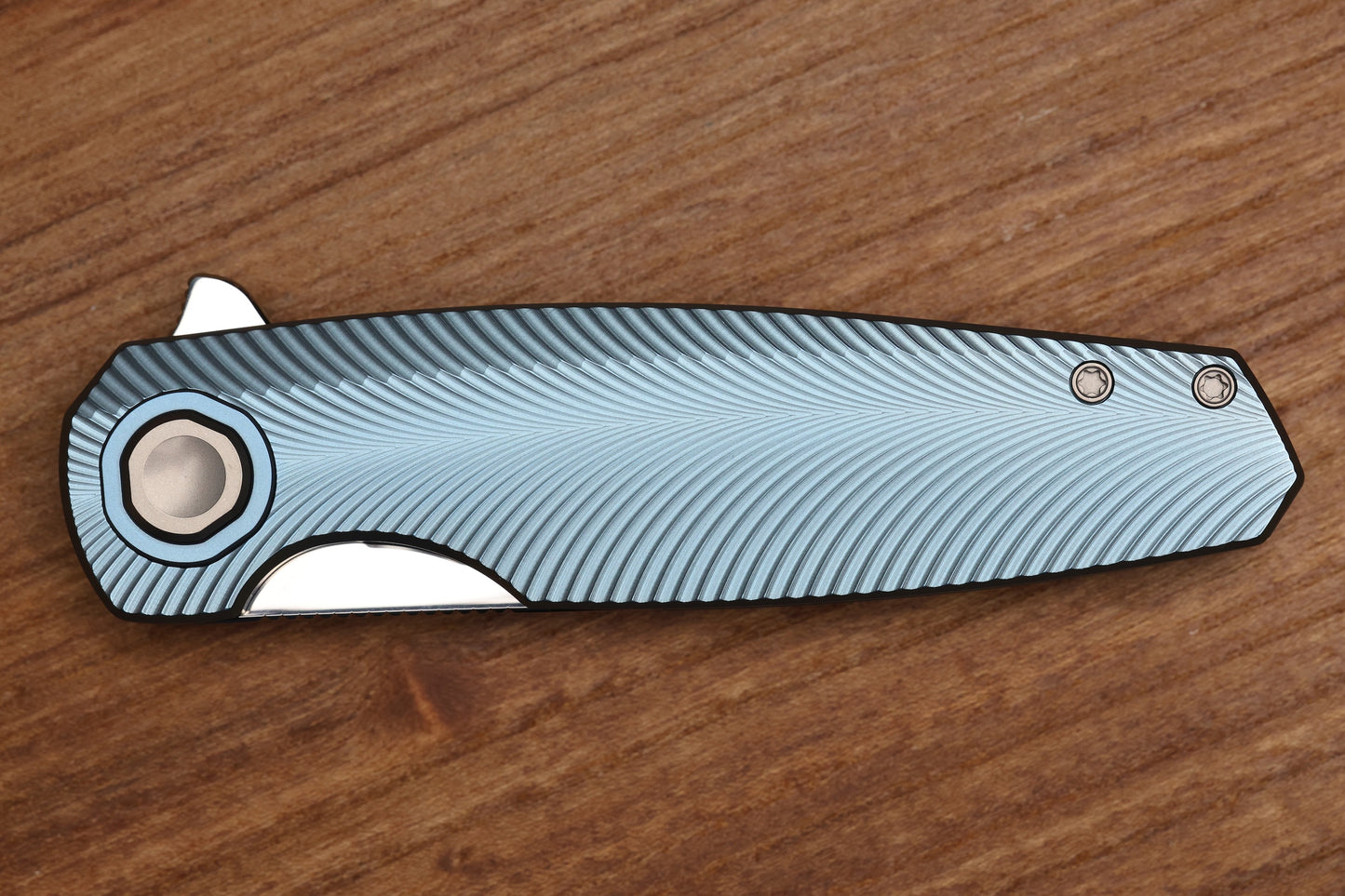 HOLT BLADEWORKS MORPHEUS FEATHER BURNISHED BLUE ANO TITANIUM NEAR MIRROR M390 BLADE MR1866