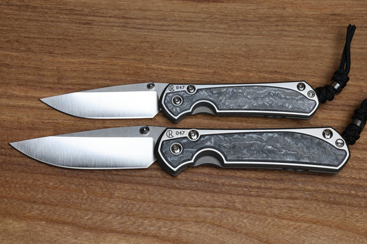 CHRIS REEVE LARGE & SMALL SEBENZA 31 NUMBERED MATCHED SET - WHITE CARBOTI INLAY - POLISHED DROP POINT CPM MAGNACUT BLADE - SILVER DOUBLE LUGS