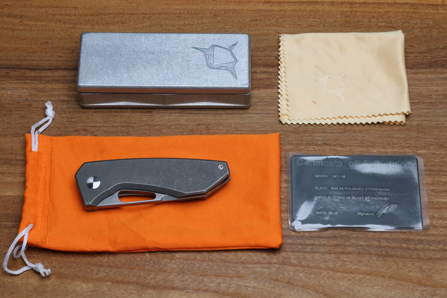 SHARKNIVCO M11-38 BLASTED STONEWASH TITANIUM HANDLE POLISHED STONEWASH RWL34 BLADE