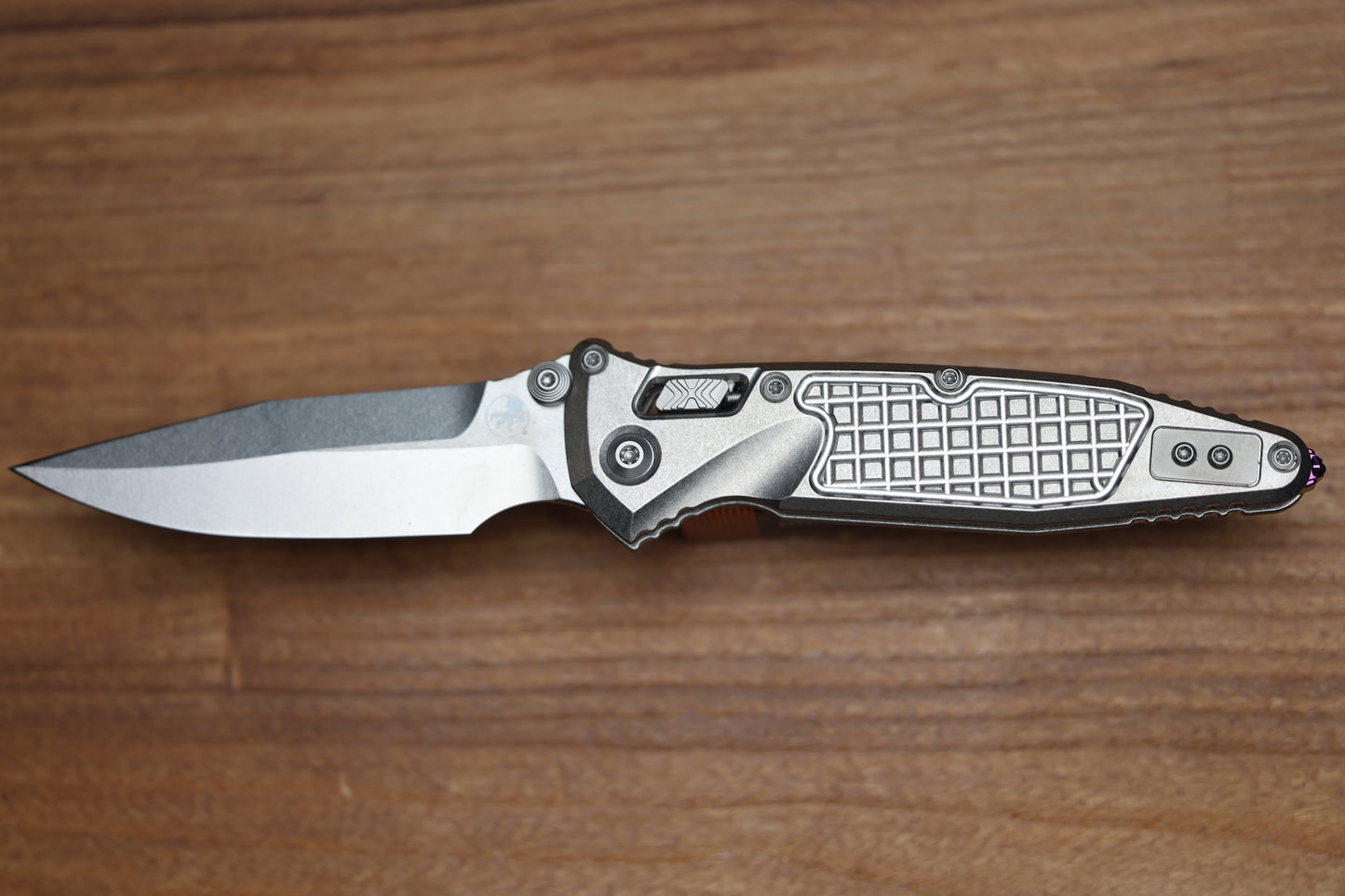 MICROTECH MARFIONE SELECT SOCOM RAM-LOK SPEAR POINT STONEWASH FRAG TITANIUM W/ PURPLE TI ACCENT 160RL-10FRSMS4