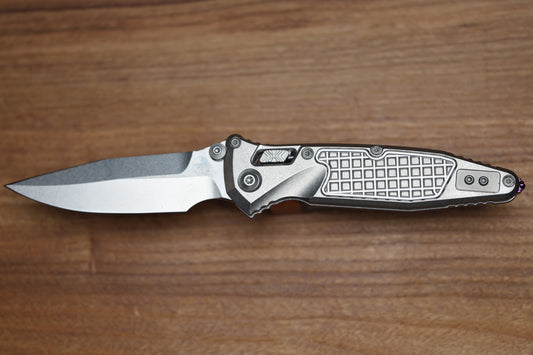 MICROTECH MARFIONE SELECT SOCOM RAM-LOK SPEAR POINT STONEWASH FRAG TITANIUM W/ PURPLE TI ACCENT 160RL-10FRSMS4