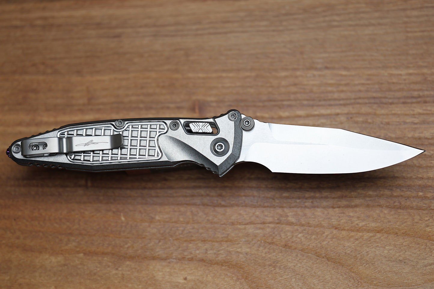 MICROTECH MARFIONE SELECT SOCOM RAM-LOK SPEAR POINT STONEWASH FRAG TITANIUM W/ PURPLE TI ACCENT 160RL-10FRSMS4