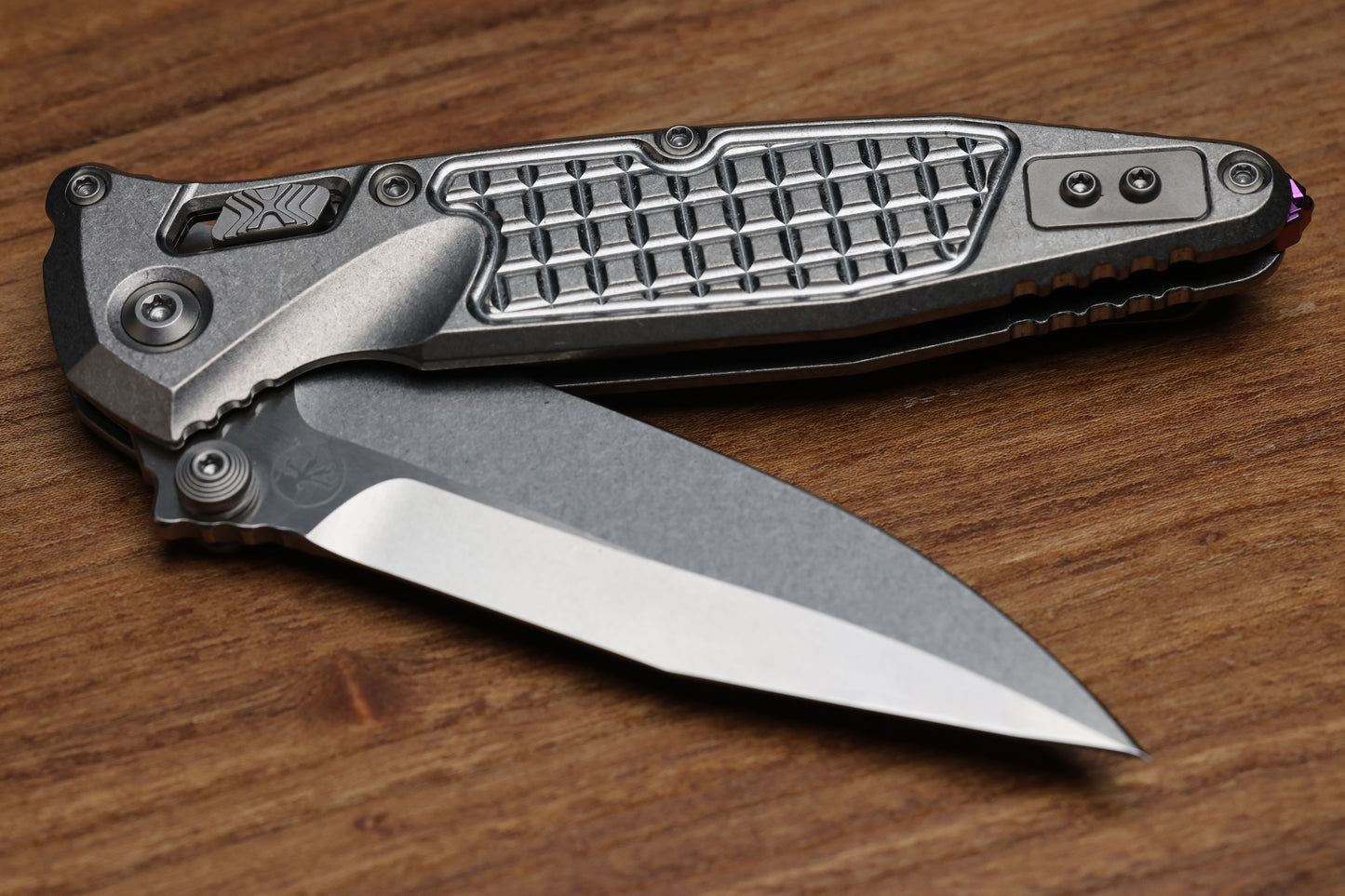 MICROTECH MARFIONE SELECT SOCOM RAM-LOK SPEAR POINT STONEWASH FRAG TITANIUM W/ PURPLE TI ACCENT 160RL-10FRSMS4