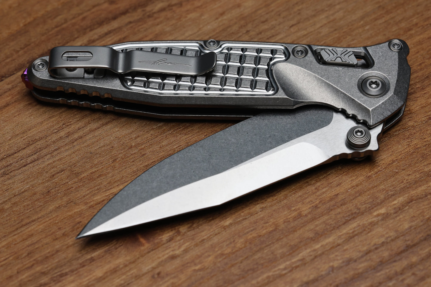 MICROTECH MARFIONE SELECT SOCOM RAM-LOK SPEAR POINT STONEWASH FRAG TITANIUM W/ PURPLE TI ACCENT 160RL-10FRSMS4