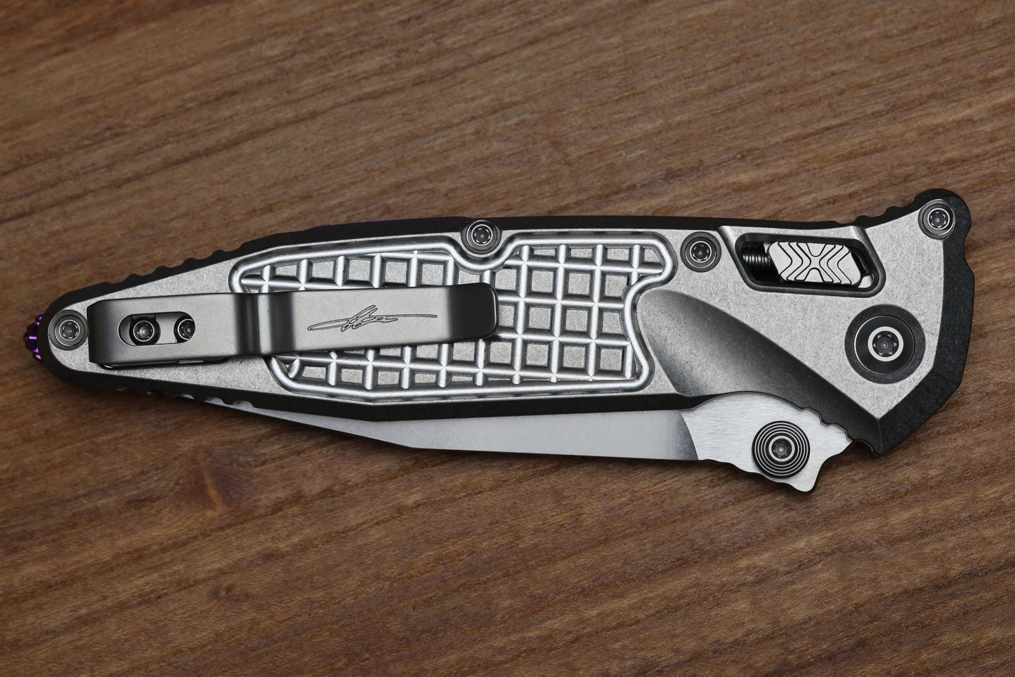 MICROTECH MARFIONE SELECT SOCOM RAM-LOK SPEAR POINT STONEWASH FRAG TITANIUM W/ PURPLE TI ACCENT 160RL-10FRSMS4