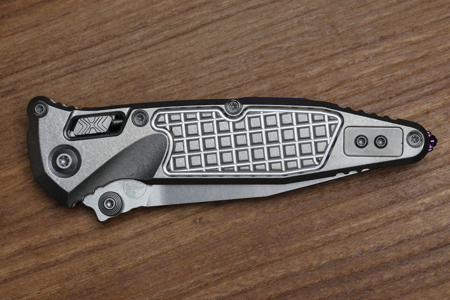 MICROTECH MARFIONE SELECT SOCOM RAM-LOK SPEAR POINT STONEWASH FRAG TITANIUM W/ PURPLE TI ACCENT 160RL-10FRSMS4