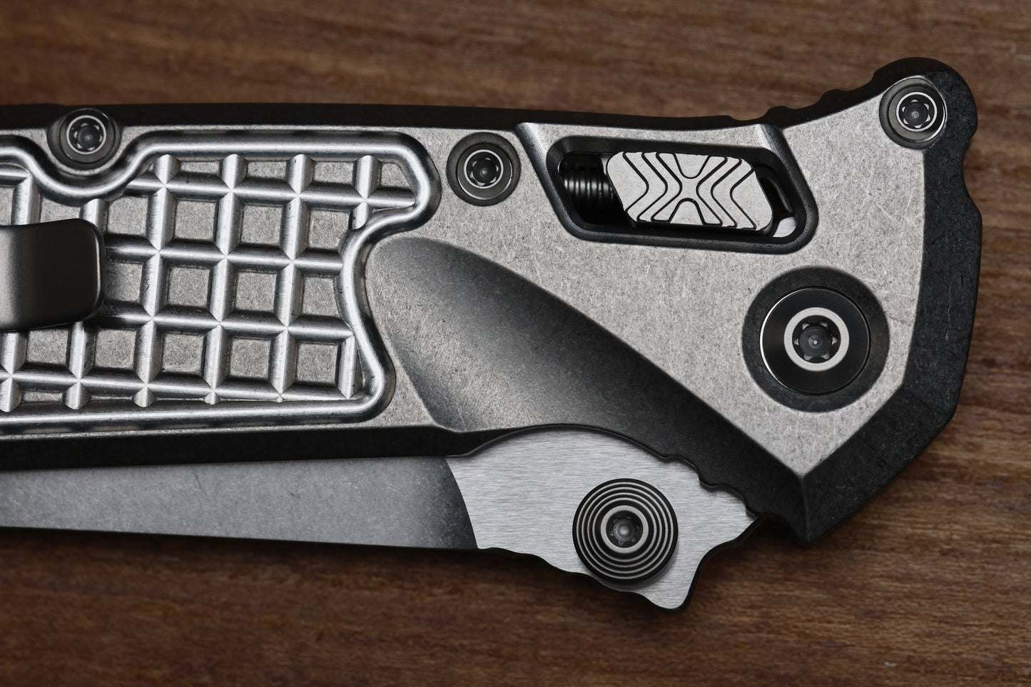 MICROTECH MARFIONE SELECT SOCOM RAM-LOK SPEAR POINT STONEWASH FRAG TITANIUM W/ PURPLE TI ACCENT 160RL-10FRSMS4