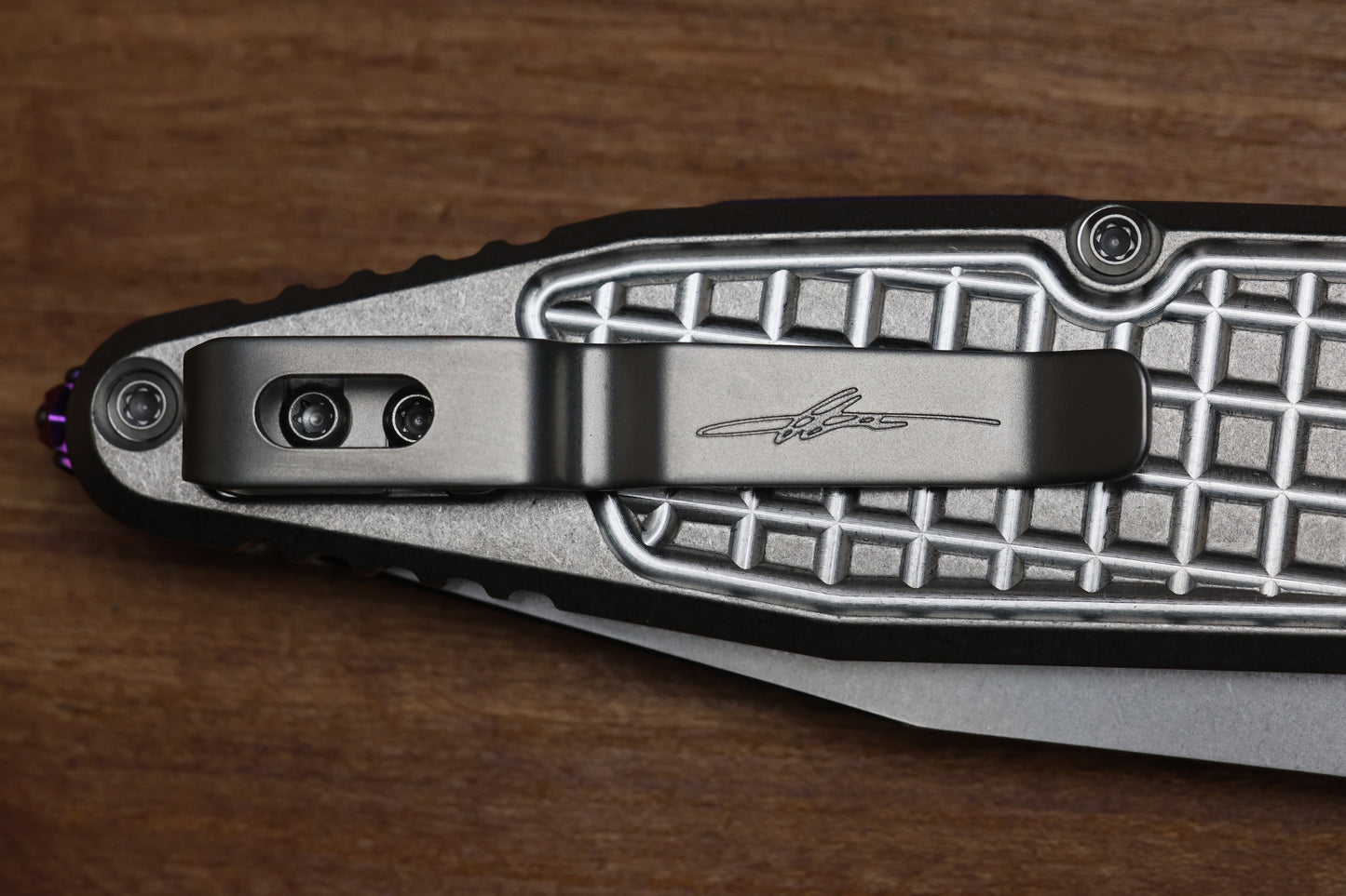 MICROTECH MARFIONE SELECT SOCOM RAM-LOK SPEAR POINT STONEWASH FRAG TITANIUM W/ PURPLE TI ACCENT 160RL-10FRSMS4