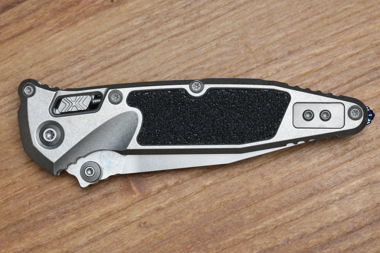 MICROTECH MARFIONE SELECT SOCOM RAM-LOK SPEAR POINT STONEWASH TITANIUM TEXTURED INLAY W/ BLUE TI ACCENT 160RL-10SMS3