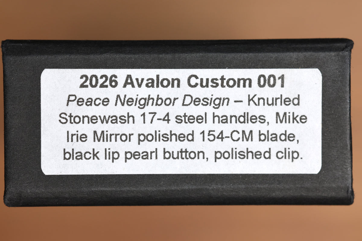 PRO-TECH AVALON PEACE NEIGHBOR KNURLED 17-4 STEEL HANDLE W/ BLACK LIP PEARL BUTTON & MIKE IRIE COMPOUND POLISHED 154CM