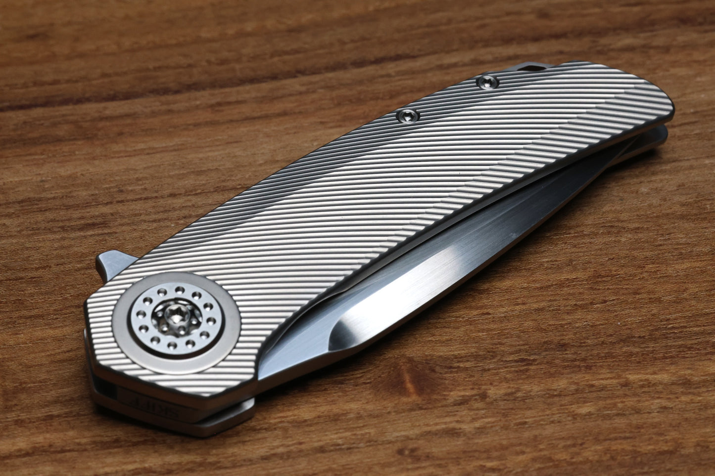 SKIFF MADE BLADES FUGITIVE MILLED TITANIUM SCALES TITANIUM HARDWARE SATIN CPM154 BLADE #227