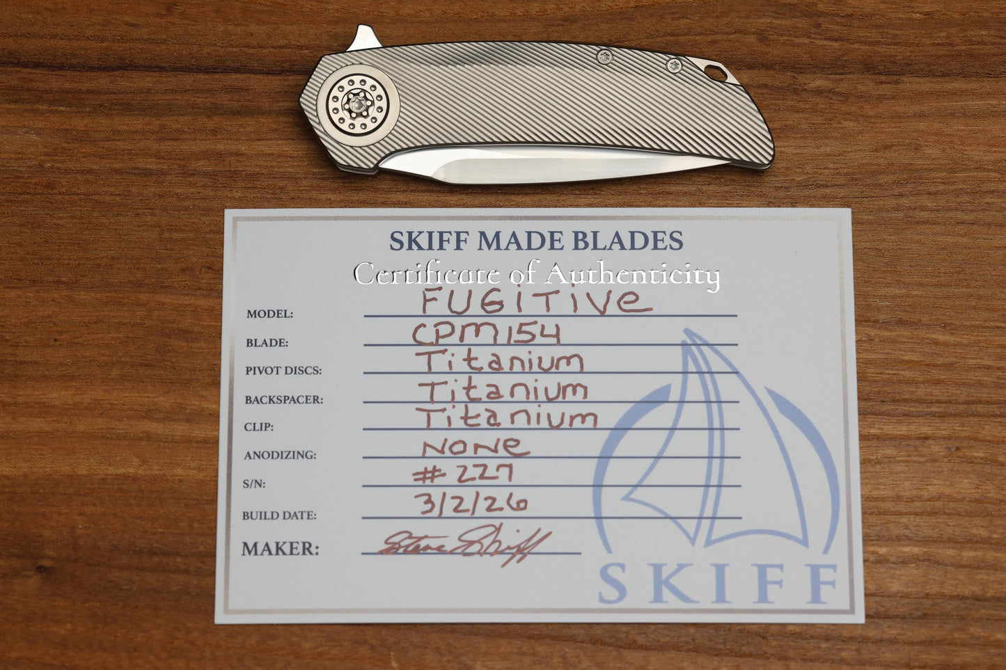 SKIFF MADE BLADES FUGITIVE MILLED TITANIUM SCALES TITANIUM HARDWARE SATIN CPM154 BLADE #227
