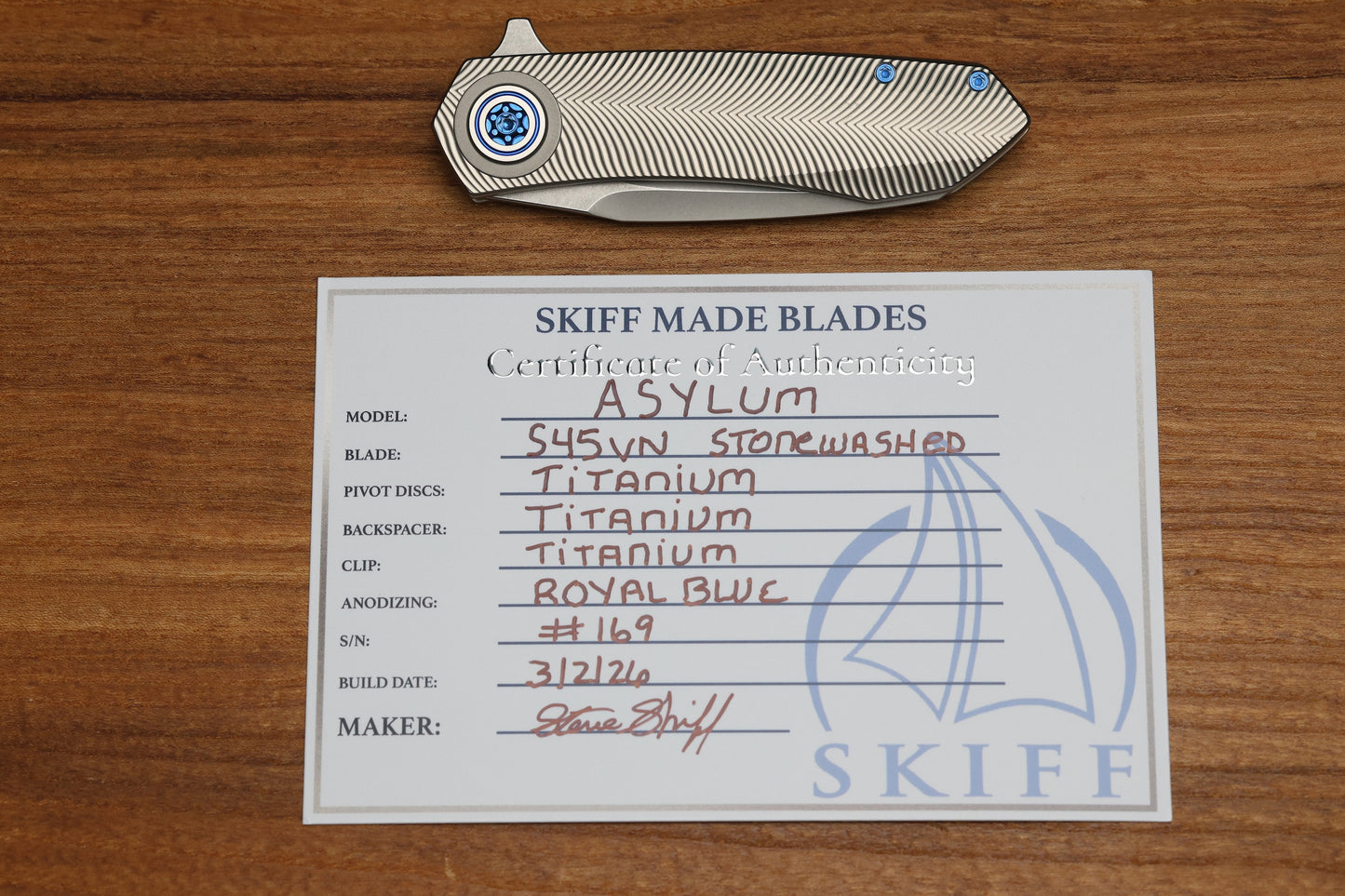 SKIFF MADE BLADES ASYLUM MILLED TITANIUM SCALES,ROYAL BLUE ANODIZED TI HARDWARE STONEWASHED S45VN BLADE #169
