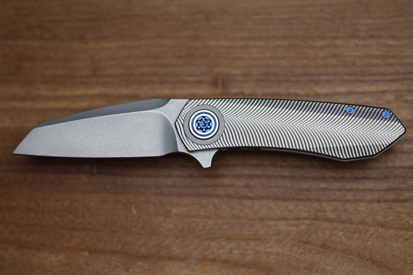 SKIFF MADE BLADES ASYLUM MILLED TITANIUM SCALES,ROYAL BLUE ANODIZED TI HARDWARE STONEWASHED S45VN BLADE #169