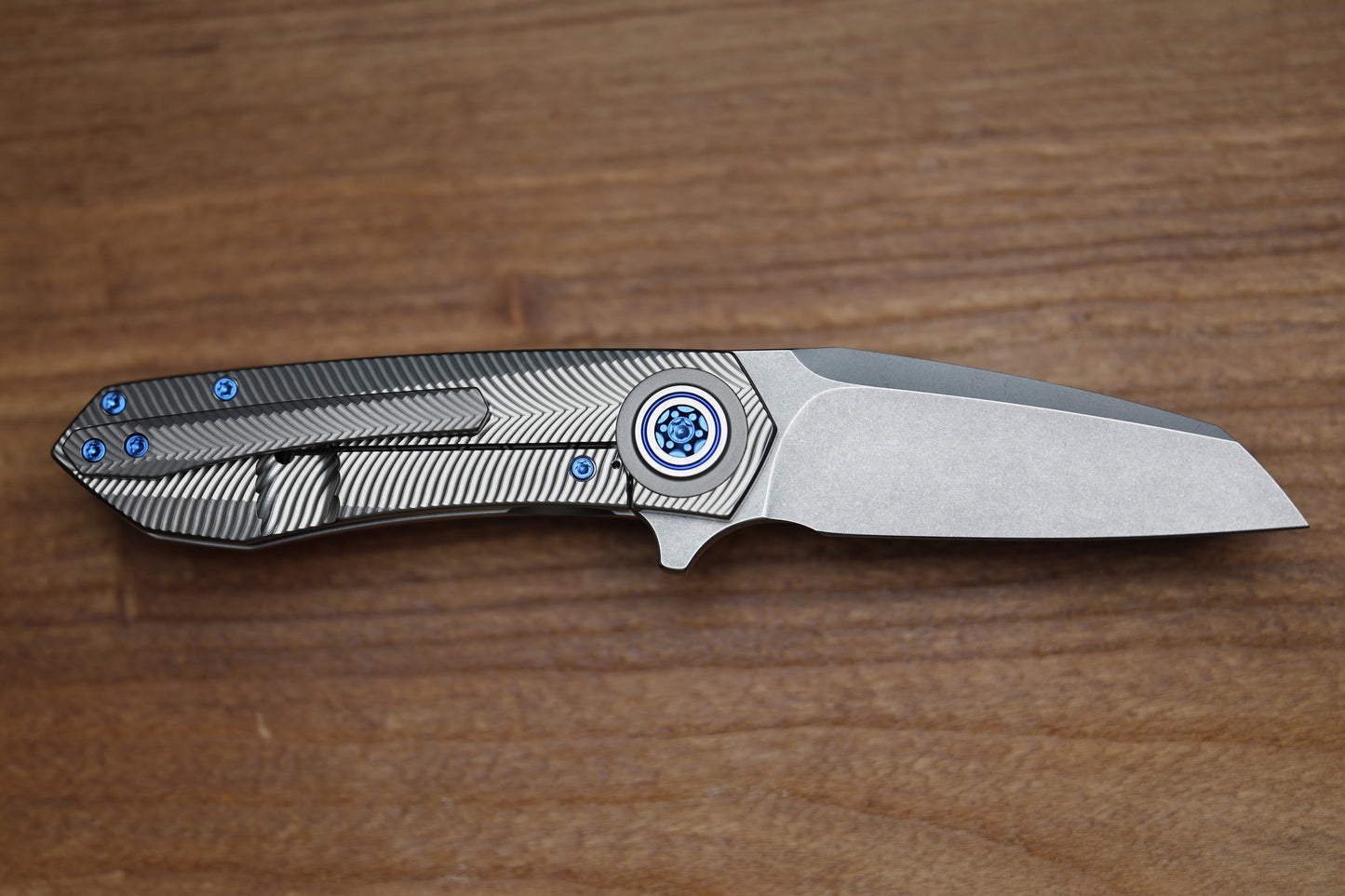SKIFF MADE BLADES ASYLUM MILLED TITANIUM SCALES,ROYAL BLUE ANODIZED TI HARDWARE STONEWASHED S45VN BLADE #169