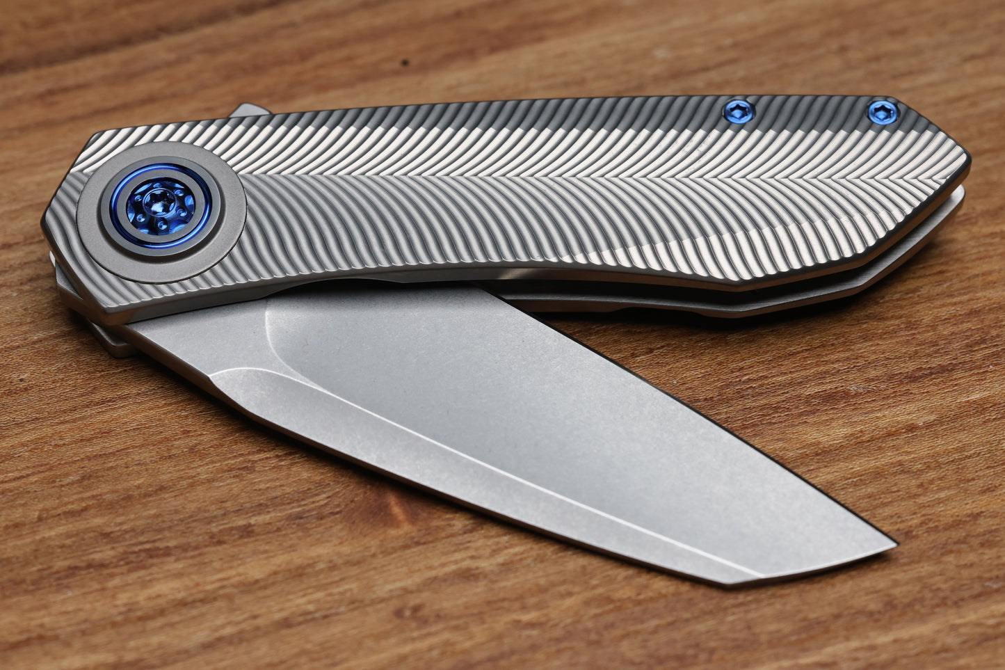 SKIFF MADE BLADES ASYLUM MILLED TITANIUM SCALES,ROYAL BLUE ANODIZED TI HARDWARE STONEWASHED S45VN BLADE #169