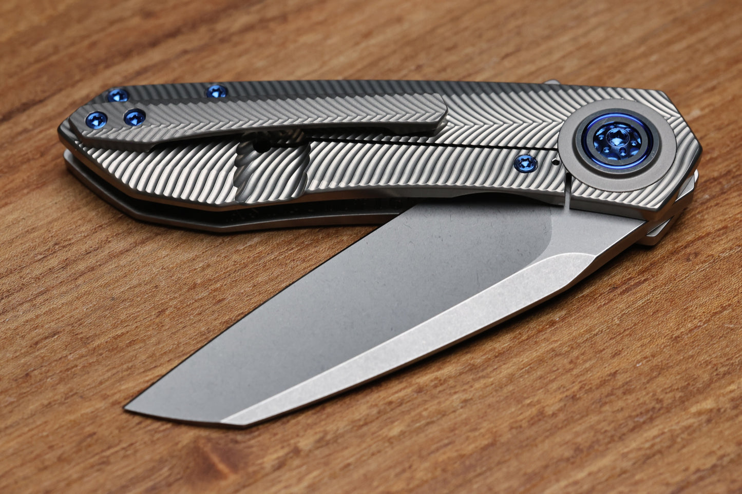 SKIFF MADE BLADES ASYLUM MILLED TITANIUM SCALES,ROYAL BLUE ANODIZED TI HARDWARE STONEWASHED S45VN BLADE #169