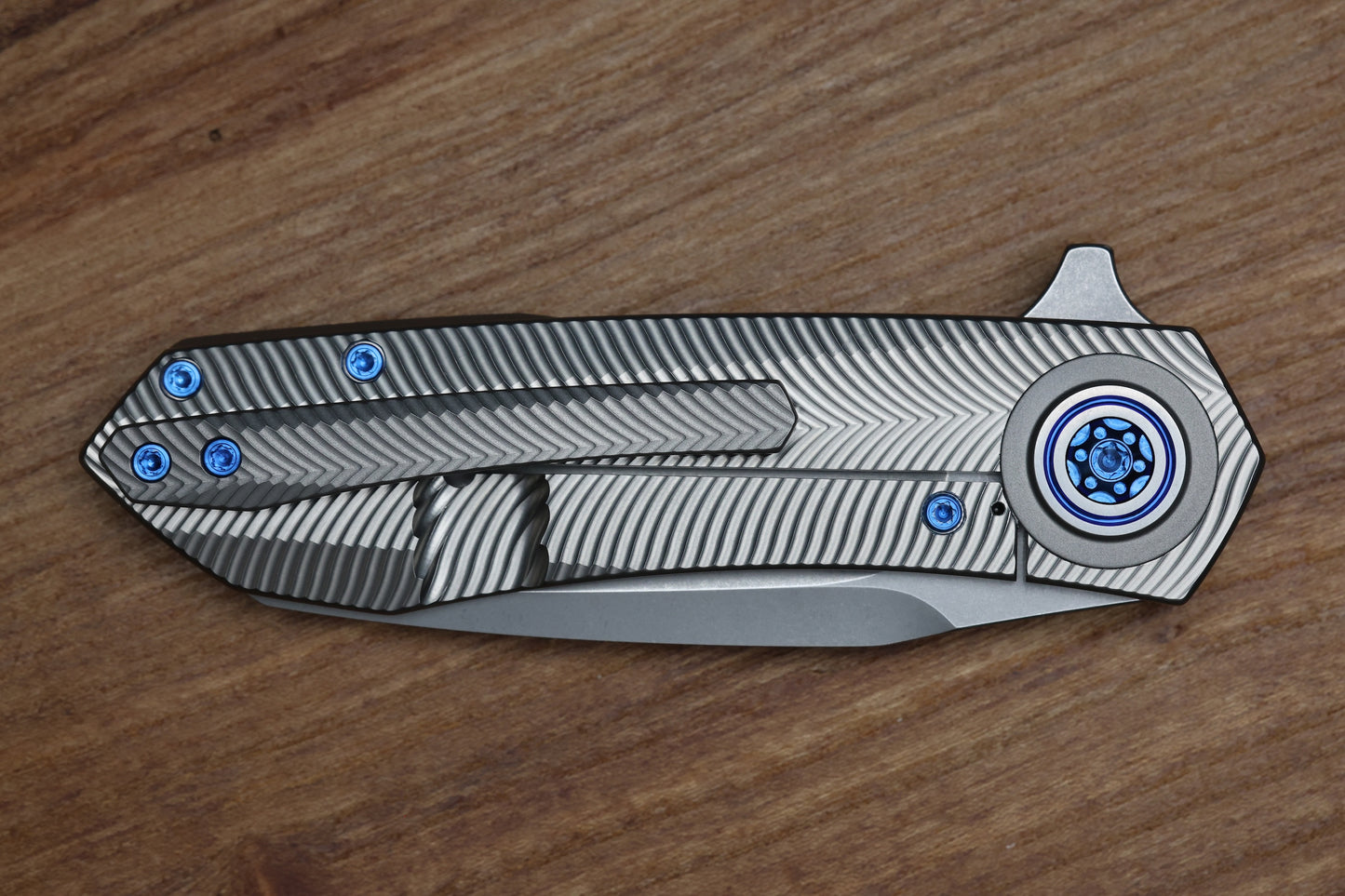 SKIFF MADE BLADES ASYLUM MILLED TITANIUM SCALES,ROYAL BLUE ANODIZED TI HARDWARE STONEWASHED S45VN BLADE #169