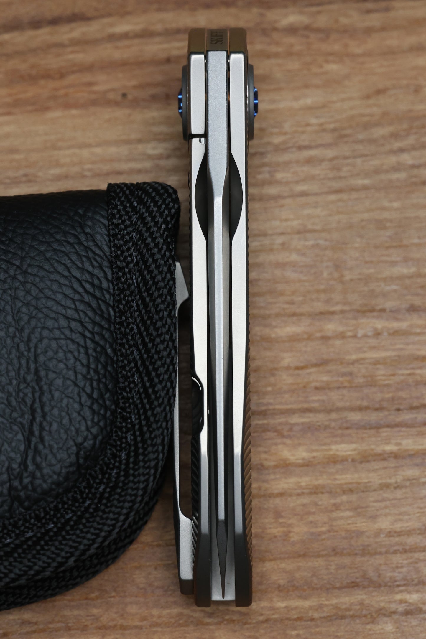 SKIFF MADE BLADES ASYLUM MILLED TITANIUM SCALES,ROYAL BLUE ANODIZED TI HARDWARE STONEWASHED S45VN BLADE #169